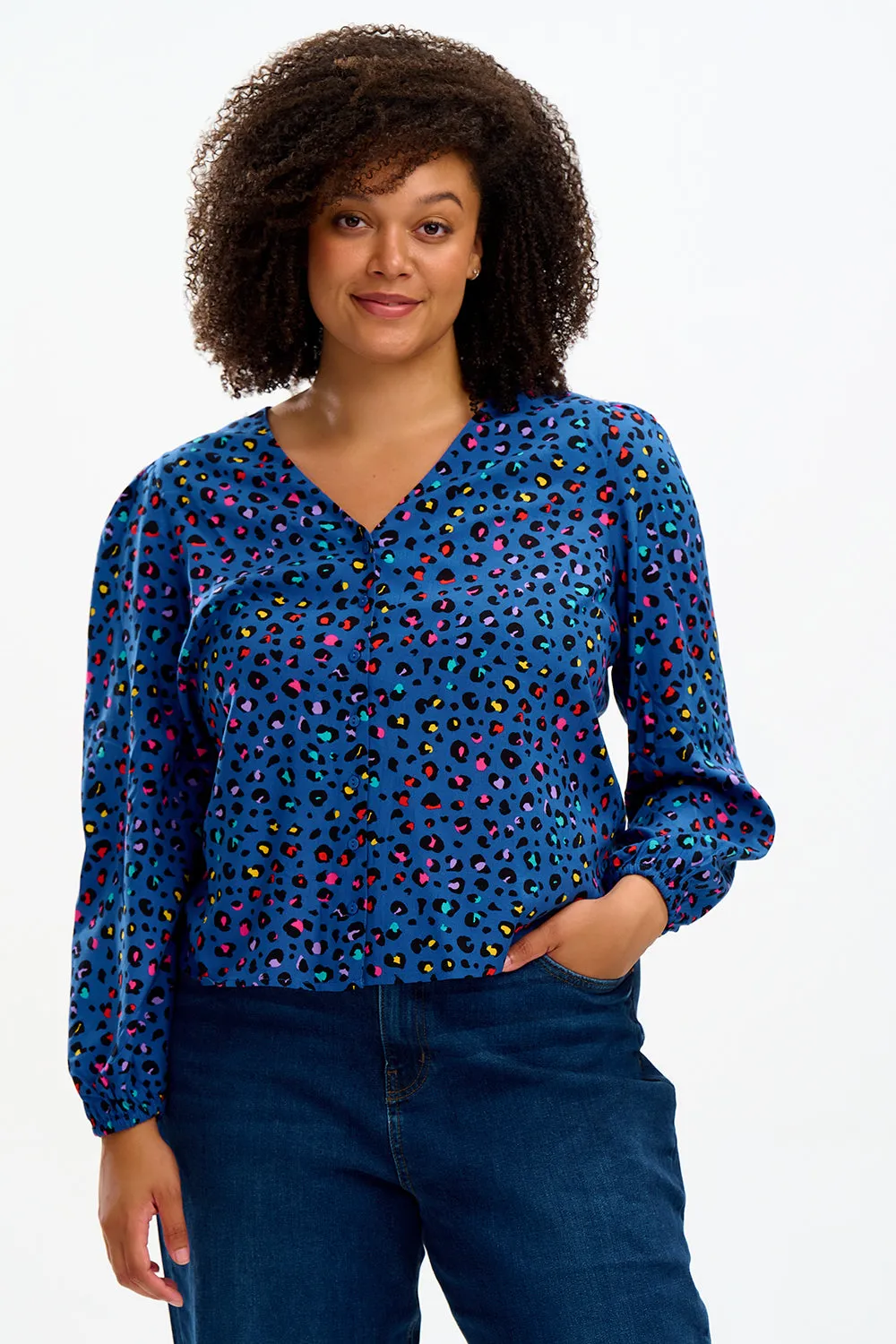 Imelda Blouse - Light Navy, Rainbow Leopard