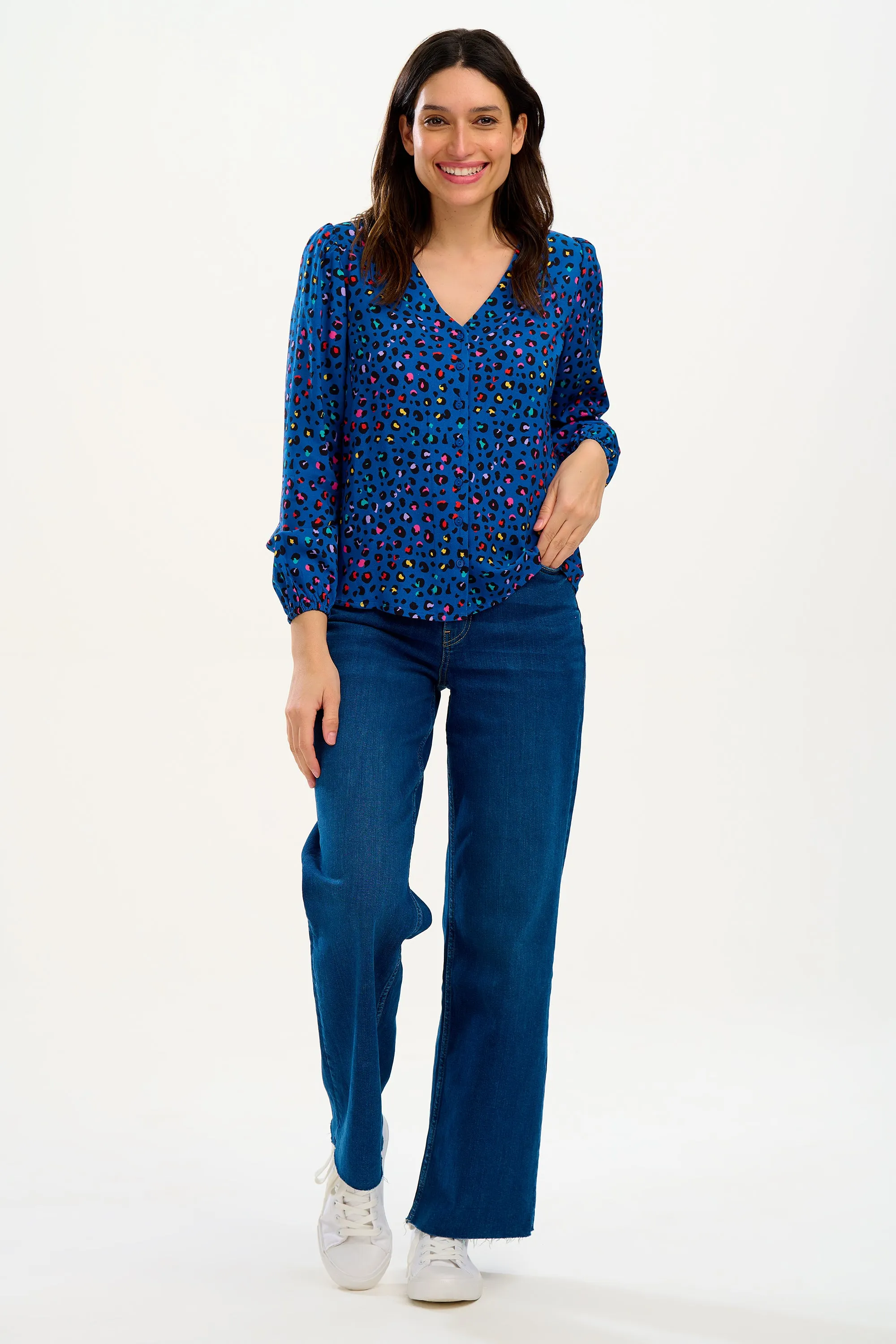 Imelda Blouse - Light Navy, Rainbow Leopard