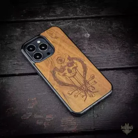 iPhone 13 Pro case with wood finishing and Behemoth 'In Absentia Dei' logo