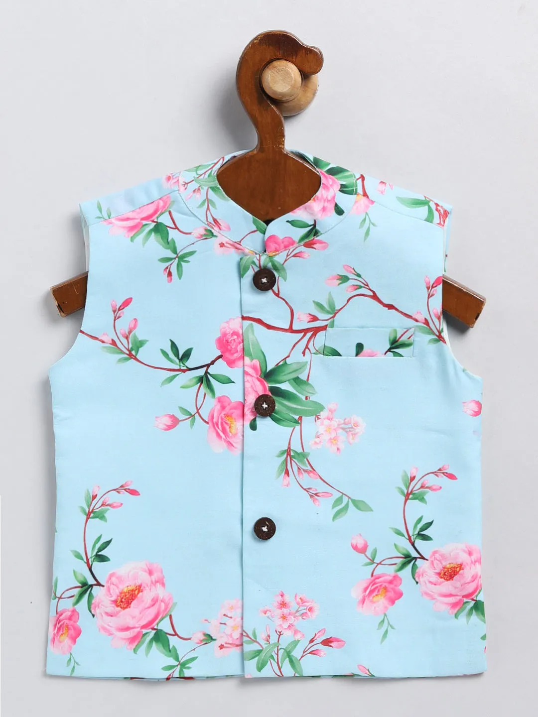 Jashvi Boys Aqua Blue Floral Printed Nehru Jacket