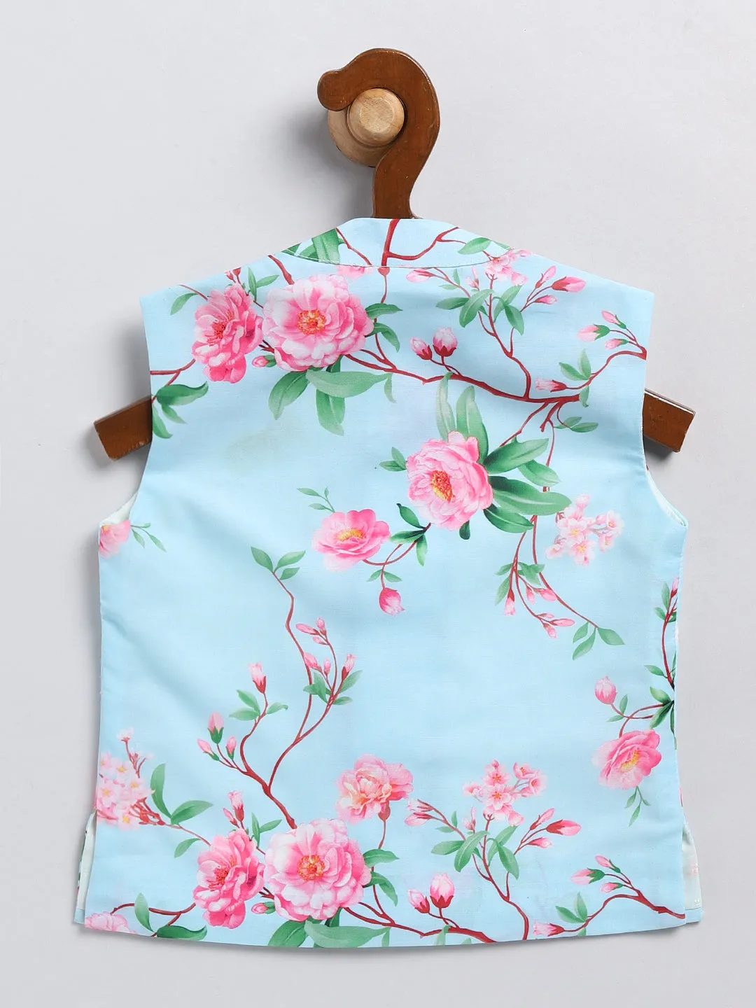 Jashvi Boys Aqua Blue Floral Printed Nehru Jacket