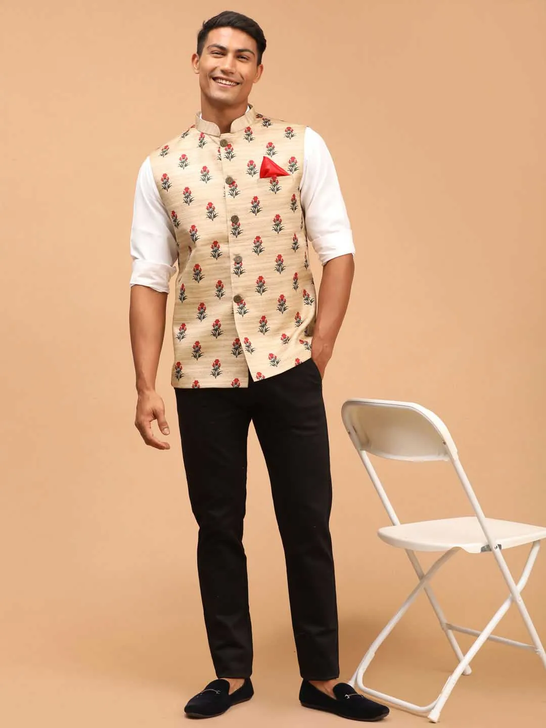 Jashvi Men's Beige Rose Print Matka Silk Nehru Jacket