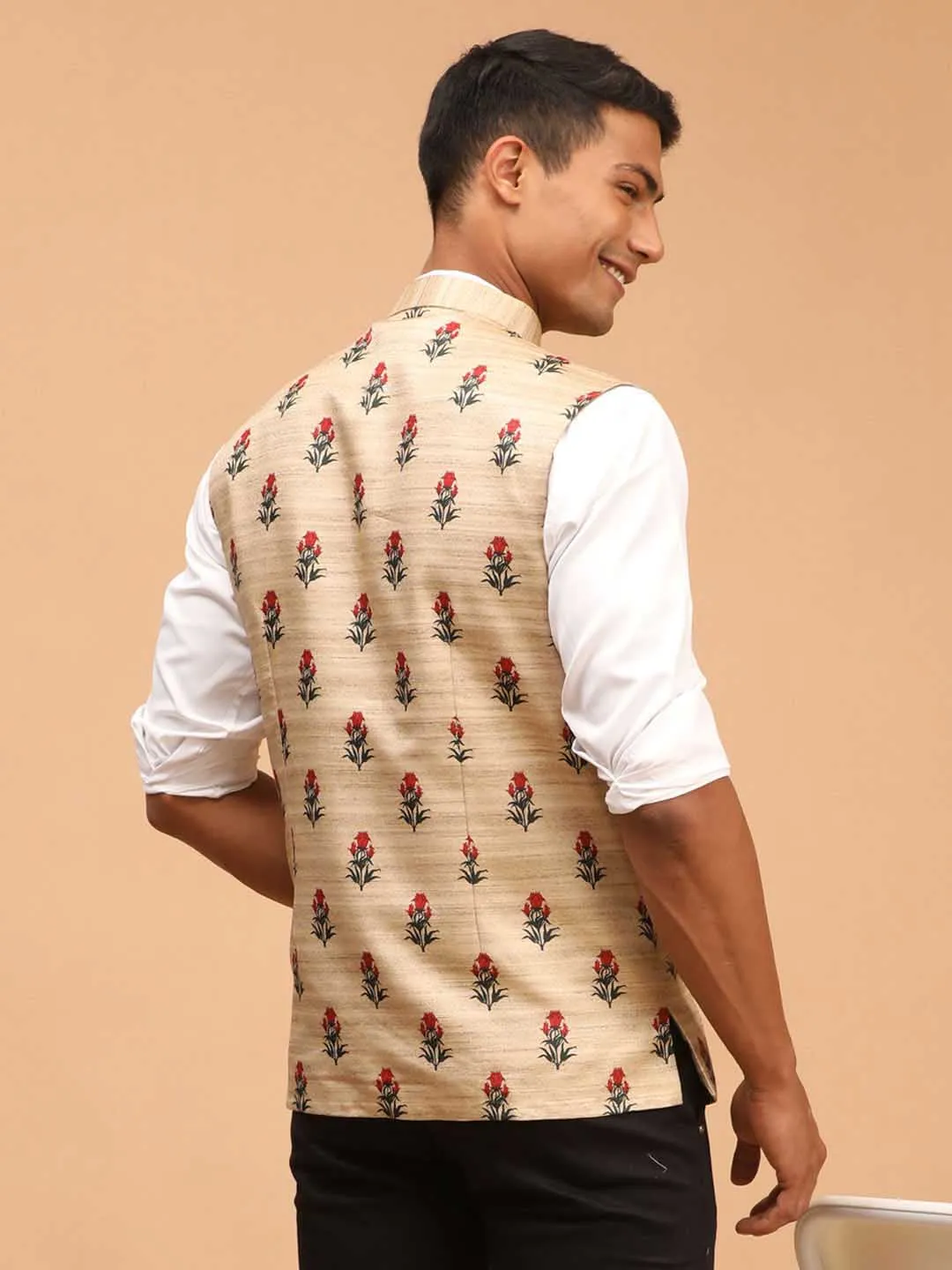 Jashvi Men's Beige Rose Print Matka Silk Nehru Jacket