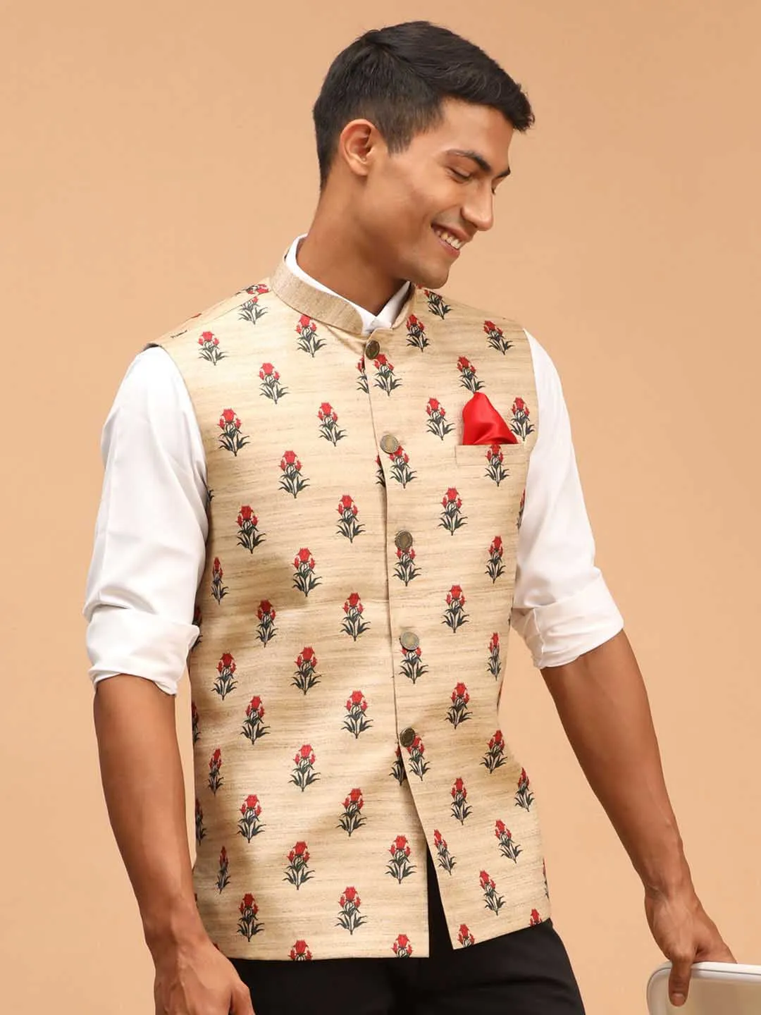 Jashvi Men's Beige Rose Print Matka Silk Nehru Jacket