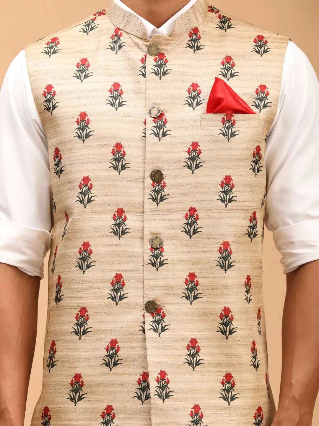 Jashvi Men's Beige Rose Print Matka Silk Nehru Jacket