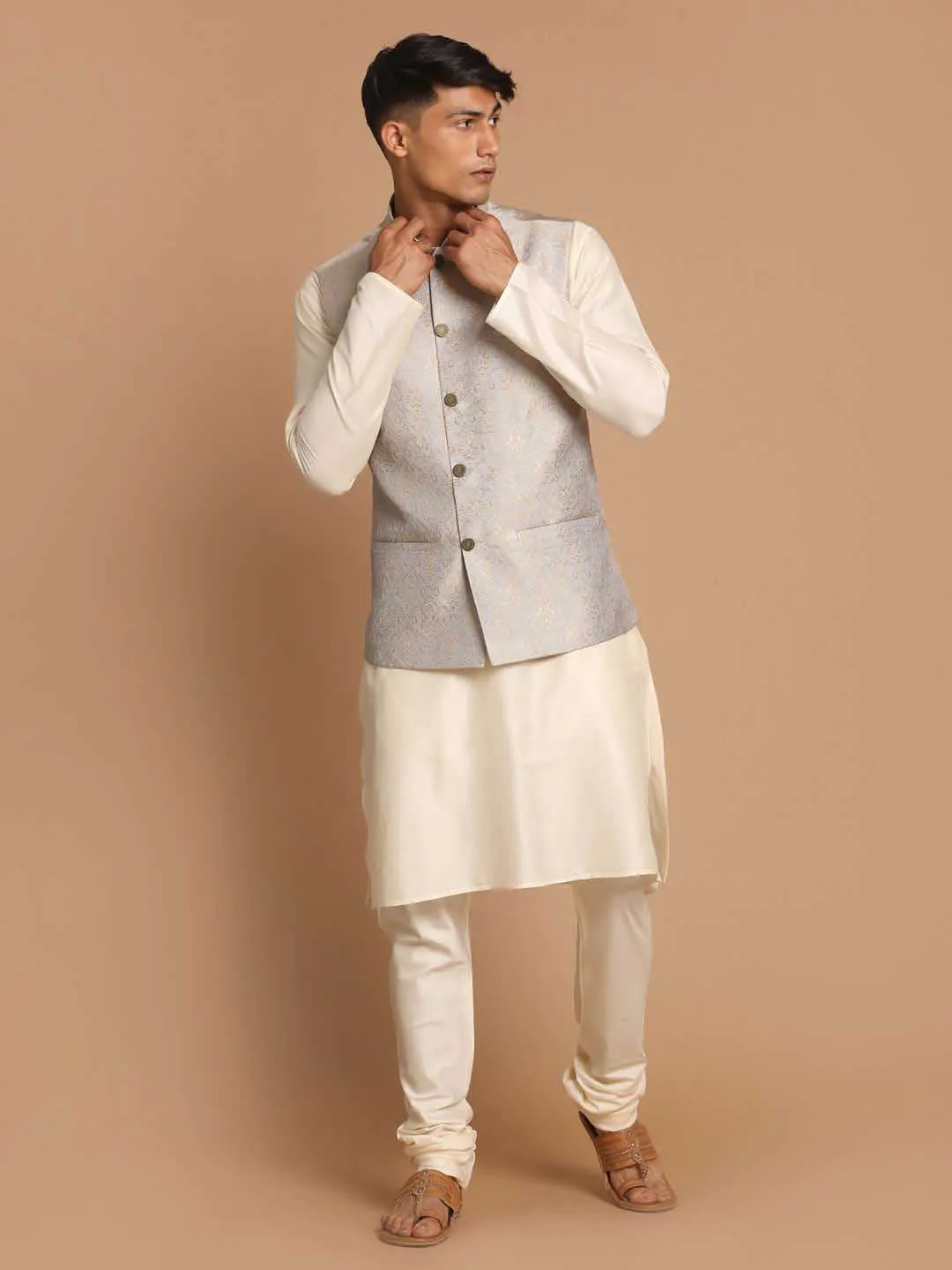 Jashvi Men's Grey Silk Blend Woven Nehru Jacket