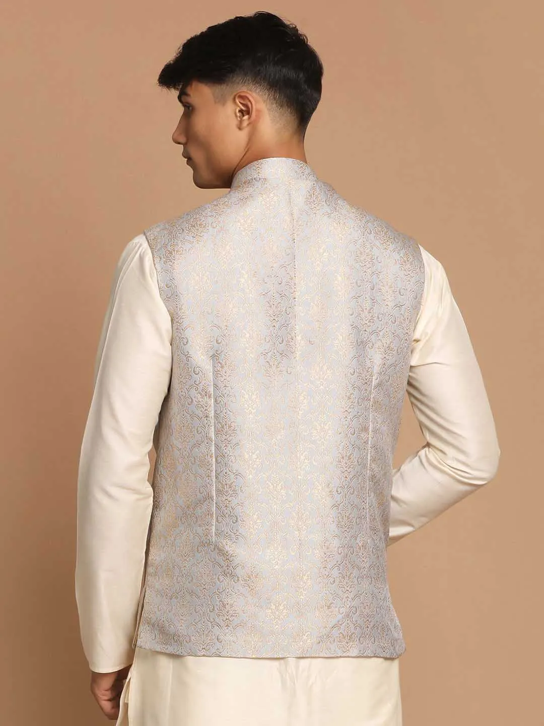 Jashvi Men's Grey Silk Blend Woven Nehru Jacket