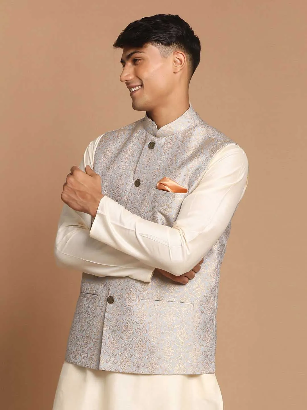 Jashvi Men's Grey Silk Blend Woven Nehru Jacket