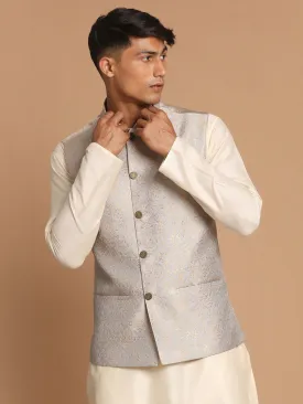 Jashvi Men's Grey Silk Blend Woven Nehru Jacket