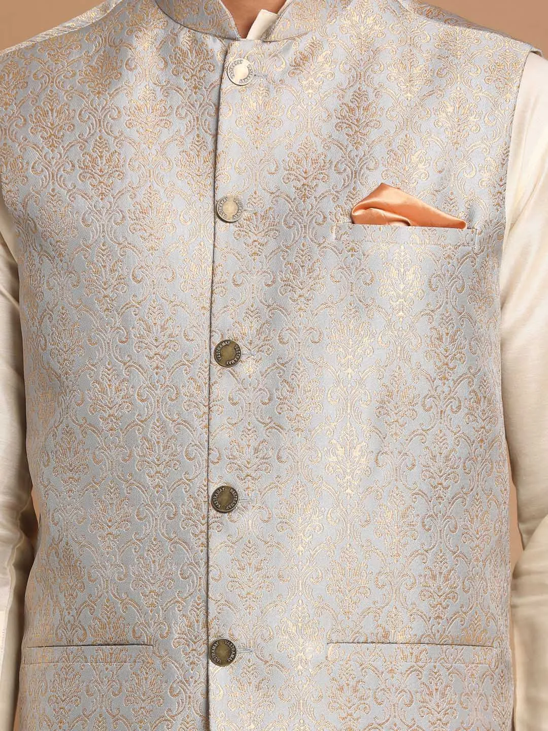 Jashvi Men's Grey Silk Blend Woven Nehru Jacket