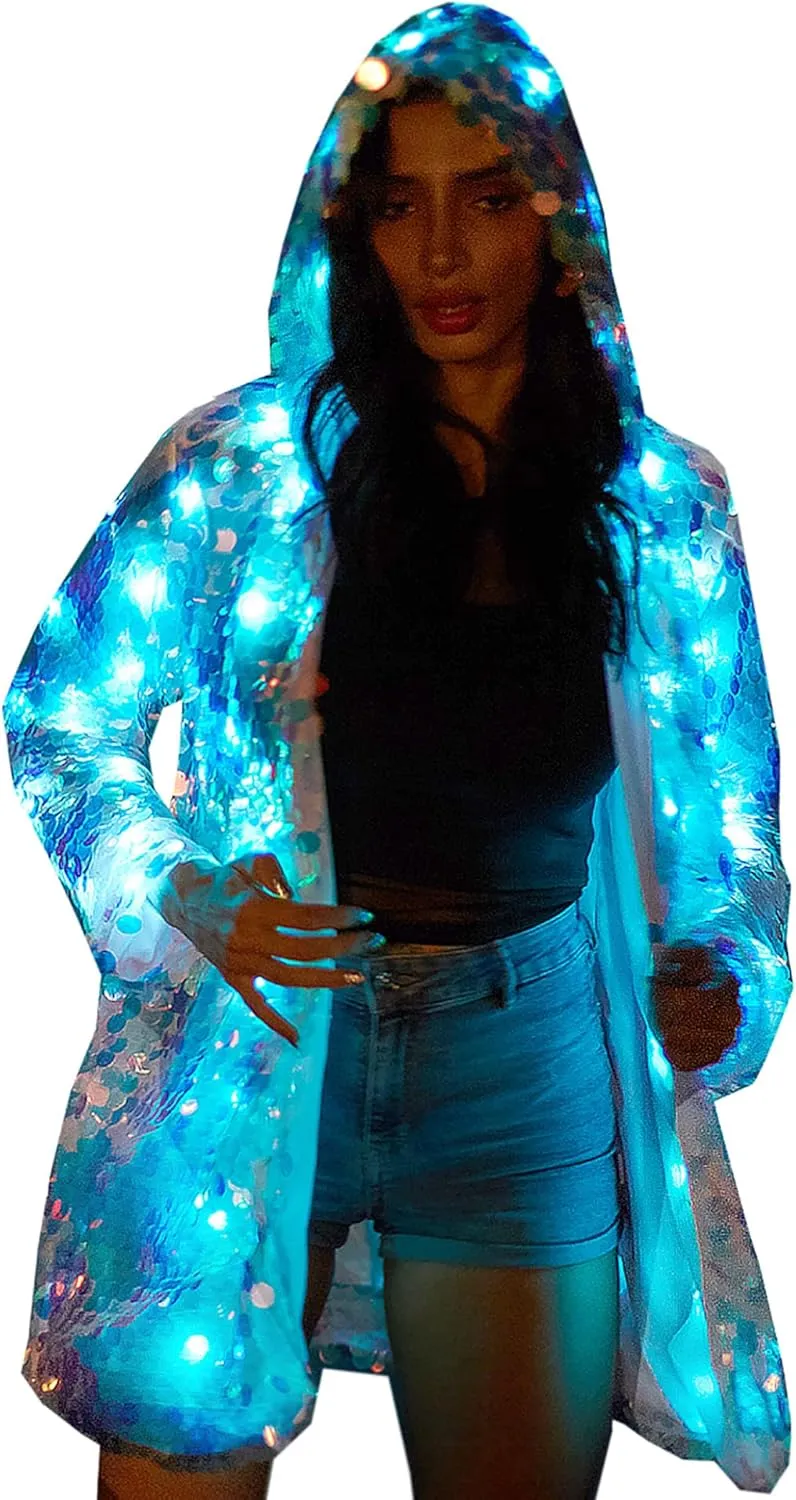 LED Light up Sequin Jacket For Women Flash Sparkly Coat Led Rave Costume Festival Outfits Great For Parties Halloween