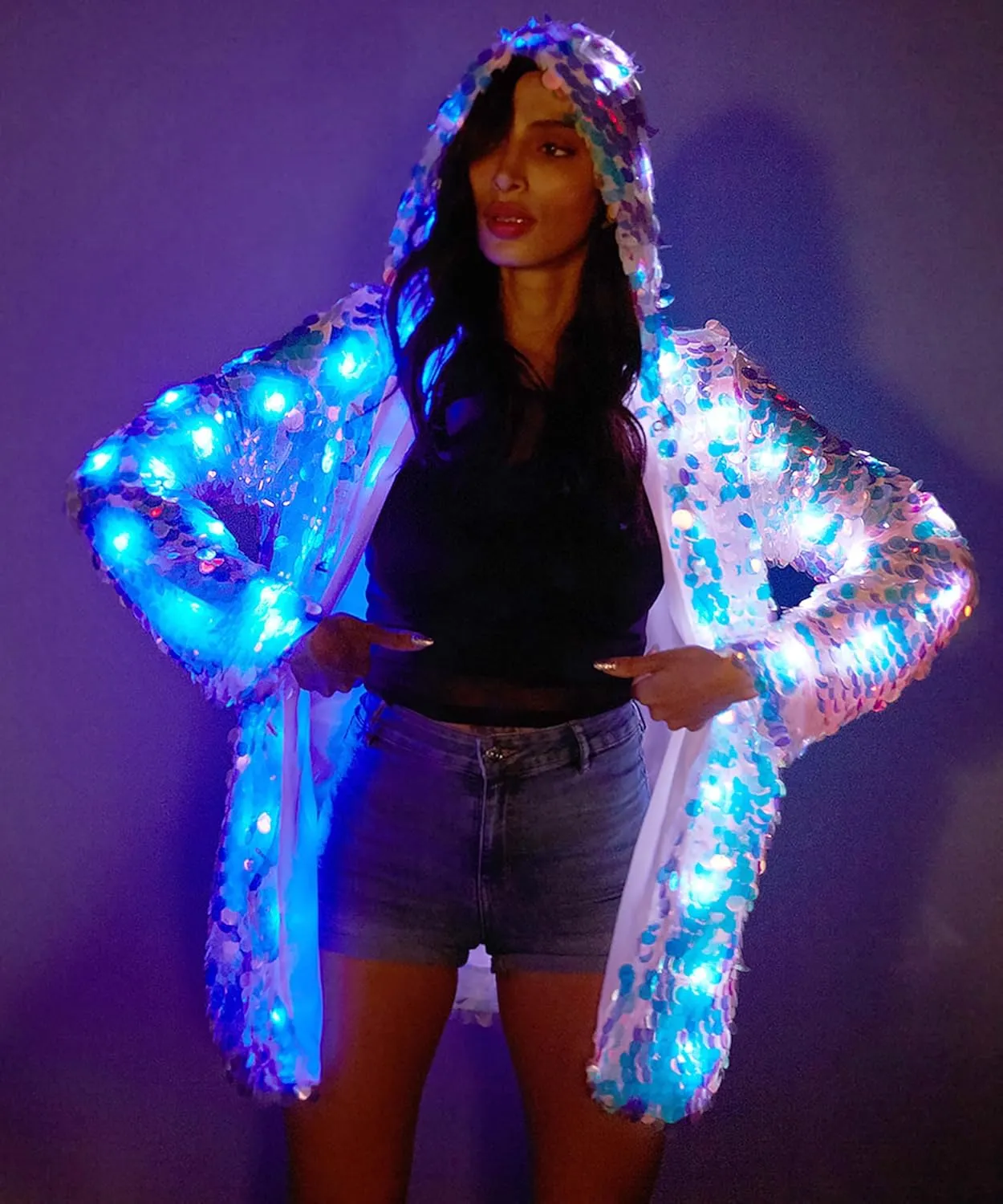 LED Light up Sequin Jacket For Women Flash Sparkly Coat Led Rave Costume Festival Outfits Great For Parties Halloween