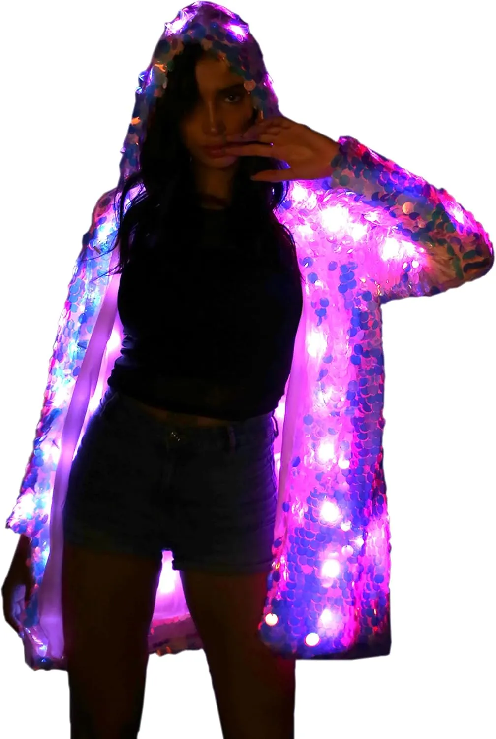 LED Light up Sequin Jacket For Women Flash Sparkly Coat Led Rave Costume Festival Outfits Great For Parties Halloween