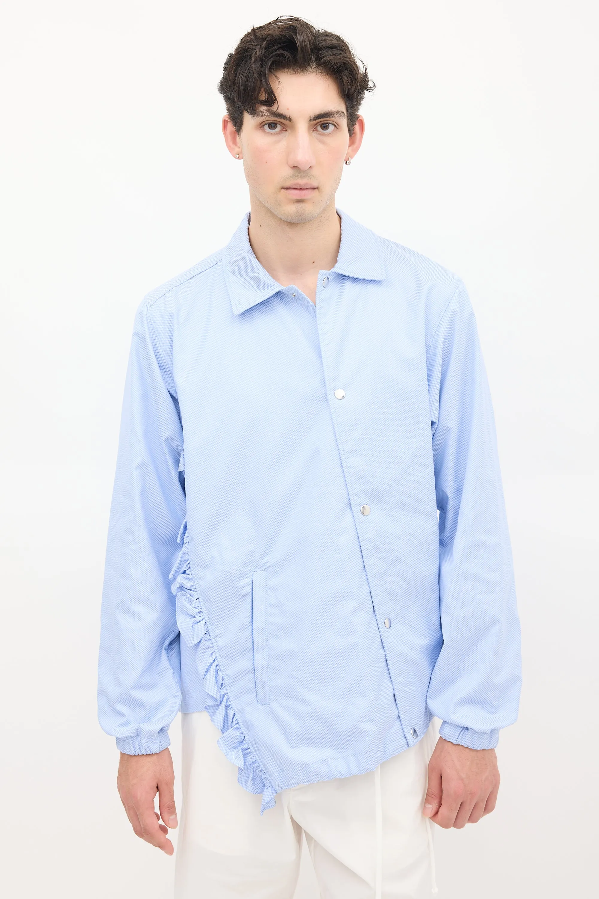 Light Blue Cotton Ruffled Asymmetric Jacket