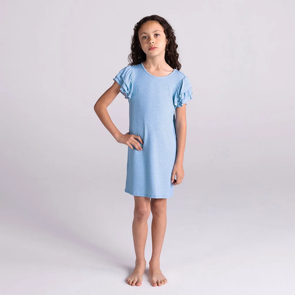 Light Blue Denim French Terry Ruffled Dress