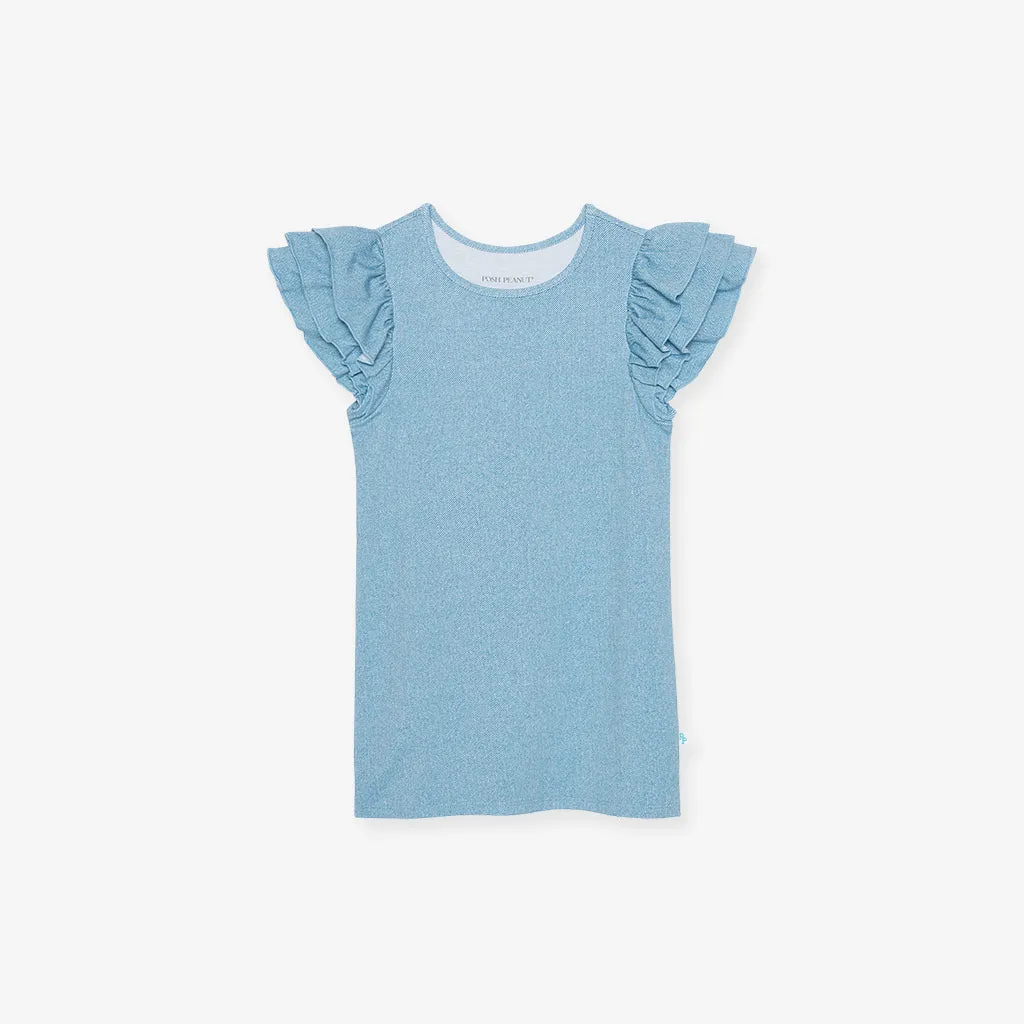 Light Blue Denim French Terry Ruffled Dress