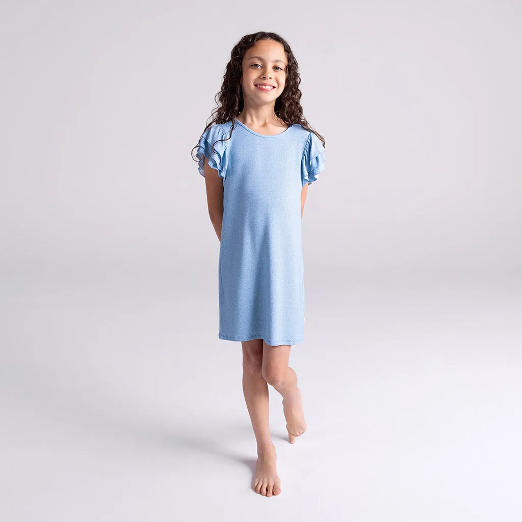 Light Blue Denim French Terry Ruffled Dress