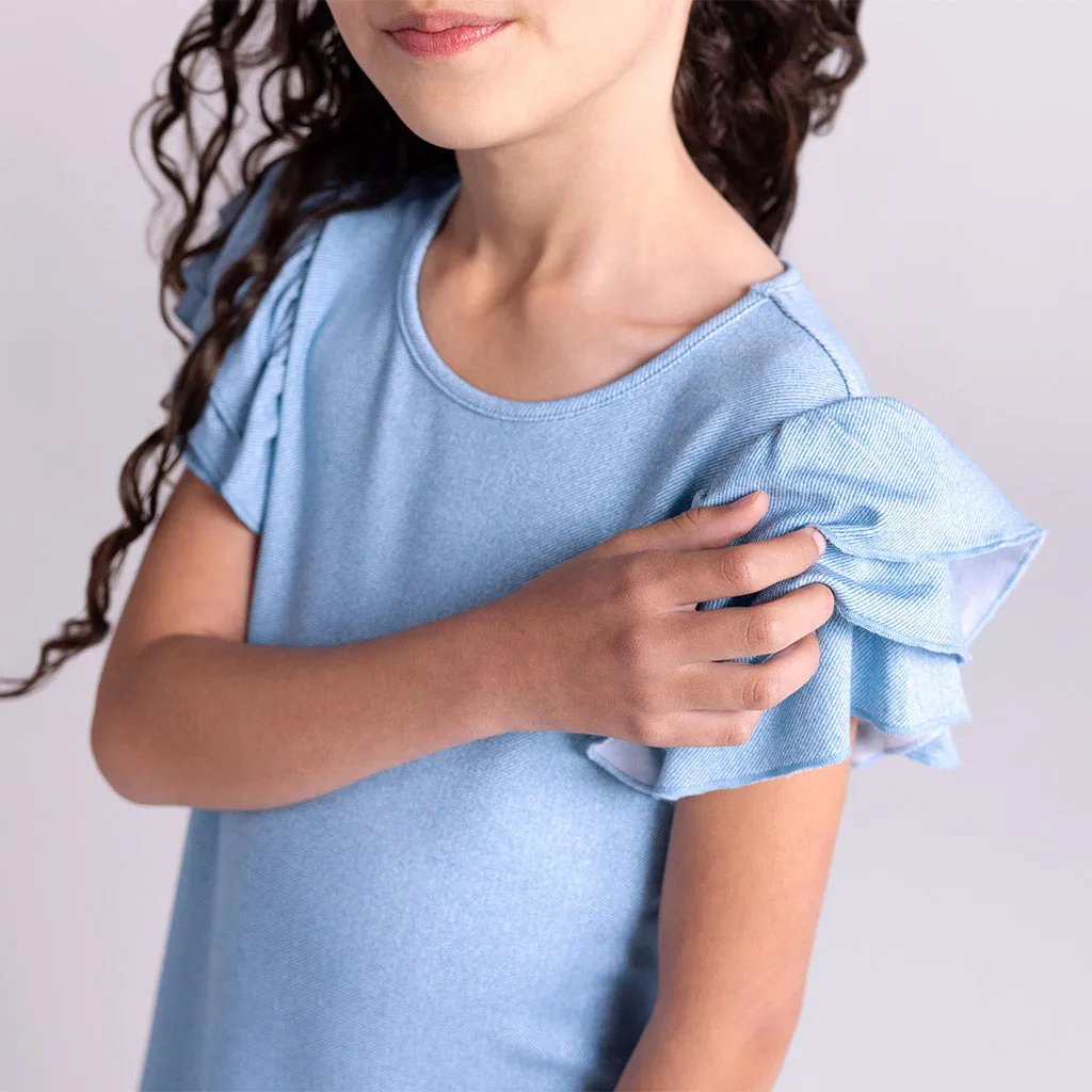 Light Blue Denim French Terry Ruffled Dress