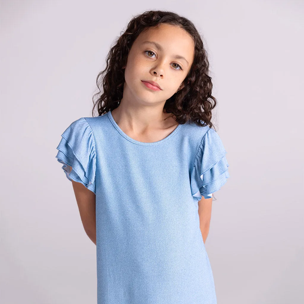 Light Blue Denim French Terry Ruffled Dress