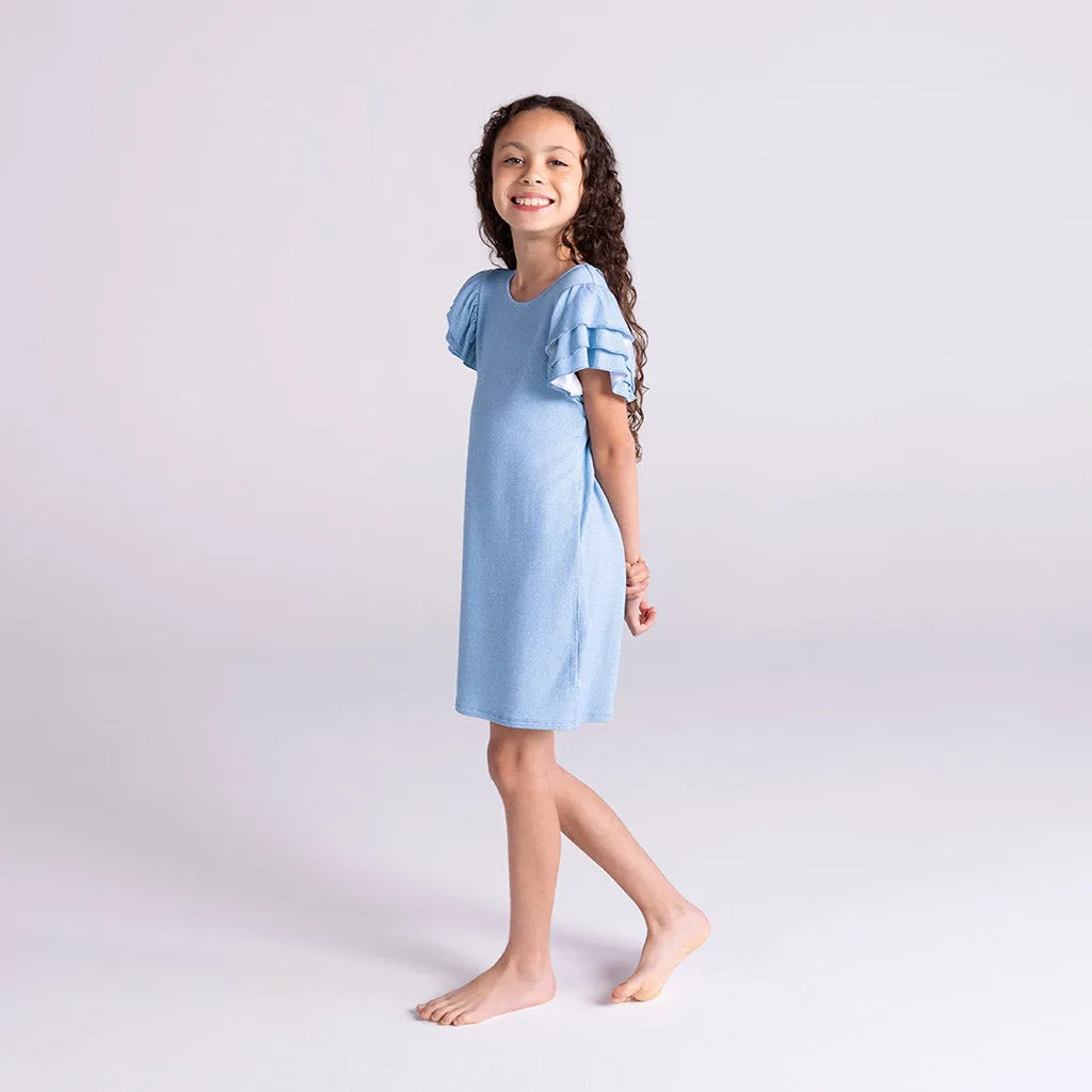 Light Blue Denim French Terry Ruffled Dress