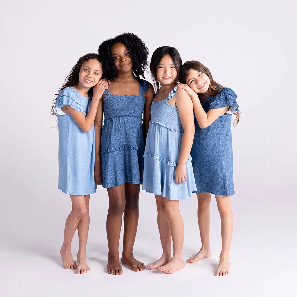 Light Blue Denim French Terry Ruffled Dress