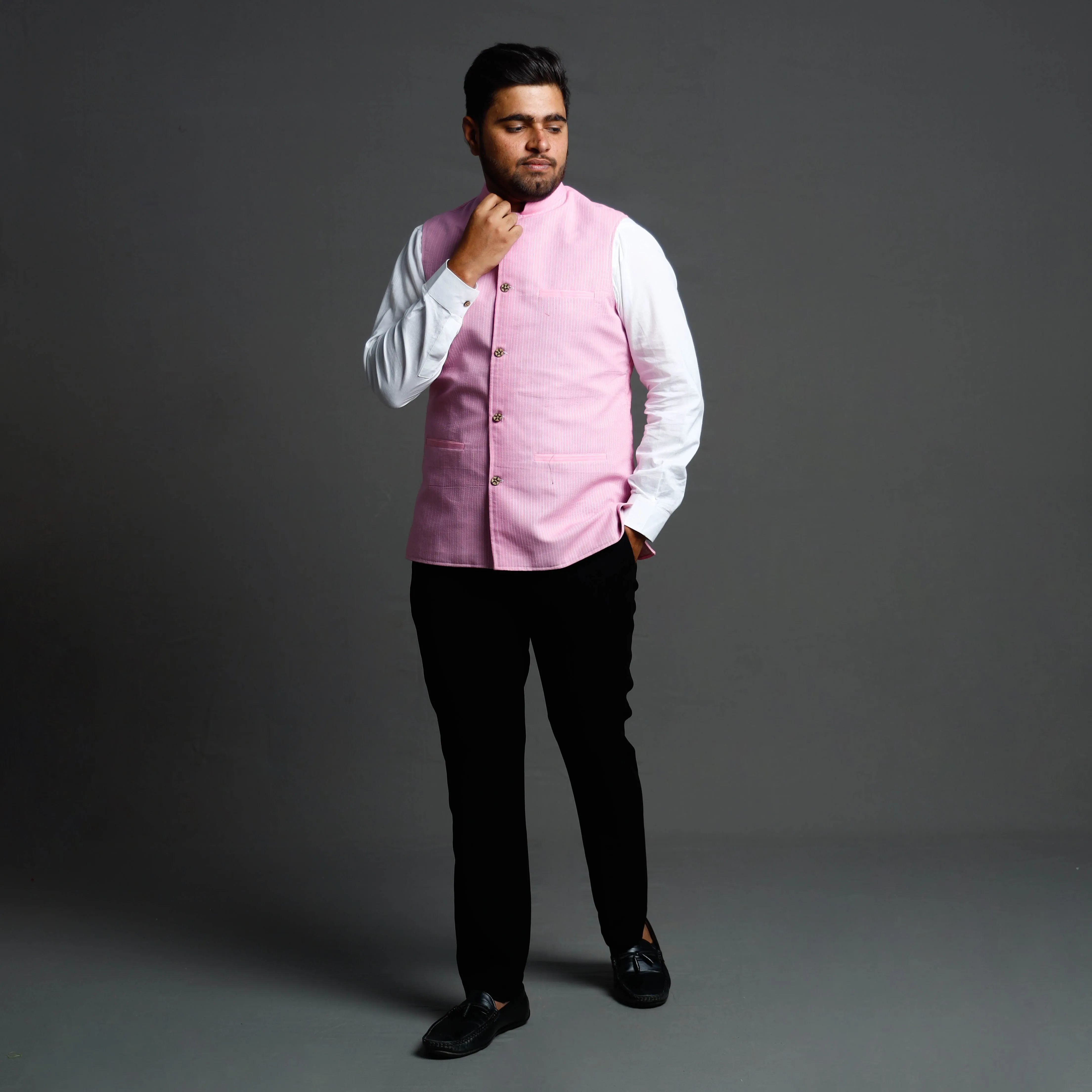 Light Pink - Running Stitch Pure Cotton Men Nehru Jacket 15