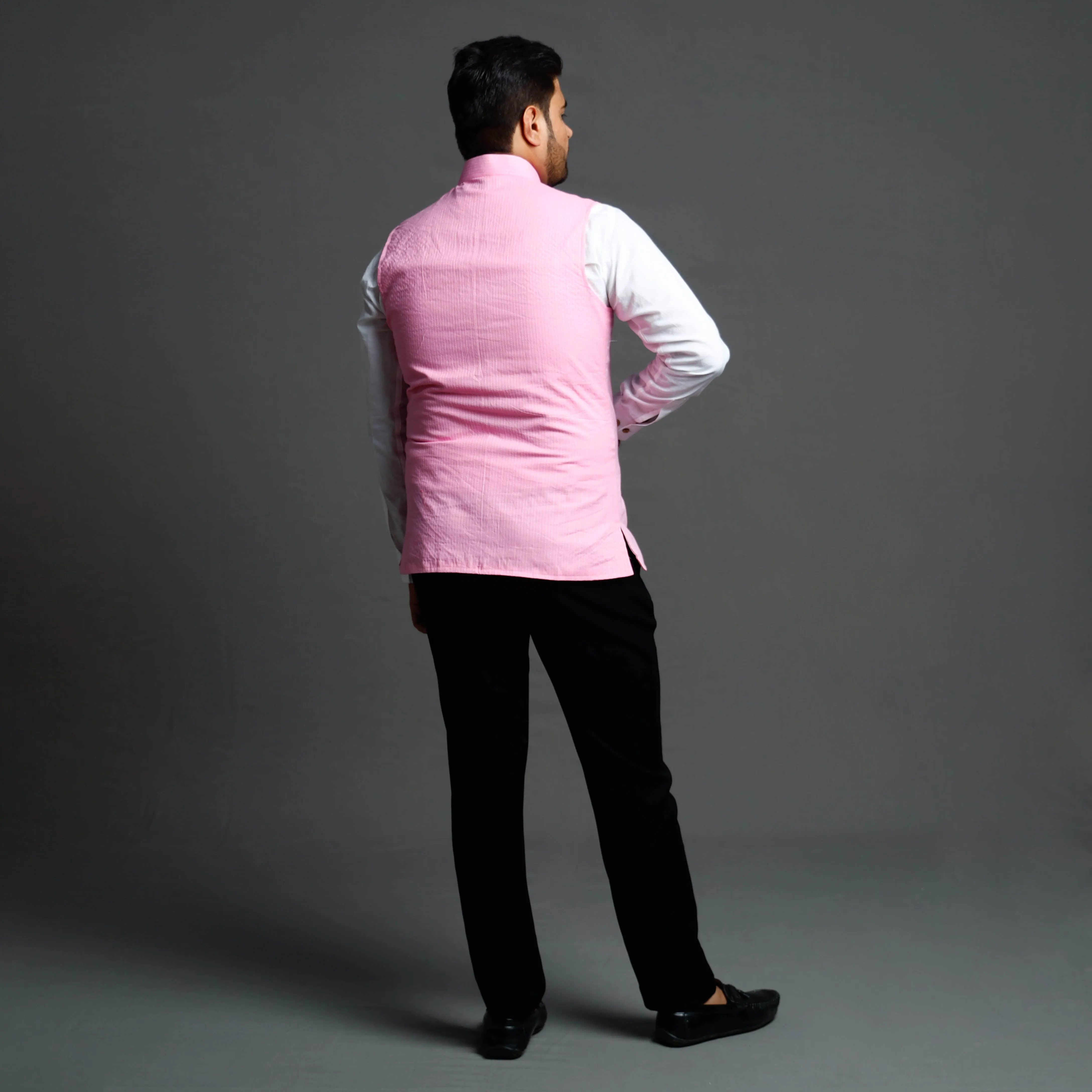 Light Pink - Running Stitch Pure Cotton Men Nehru Jacket 15