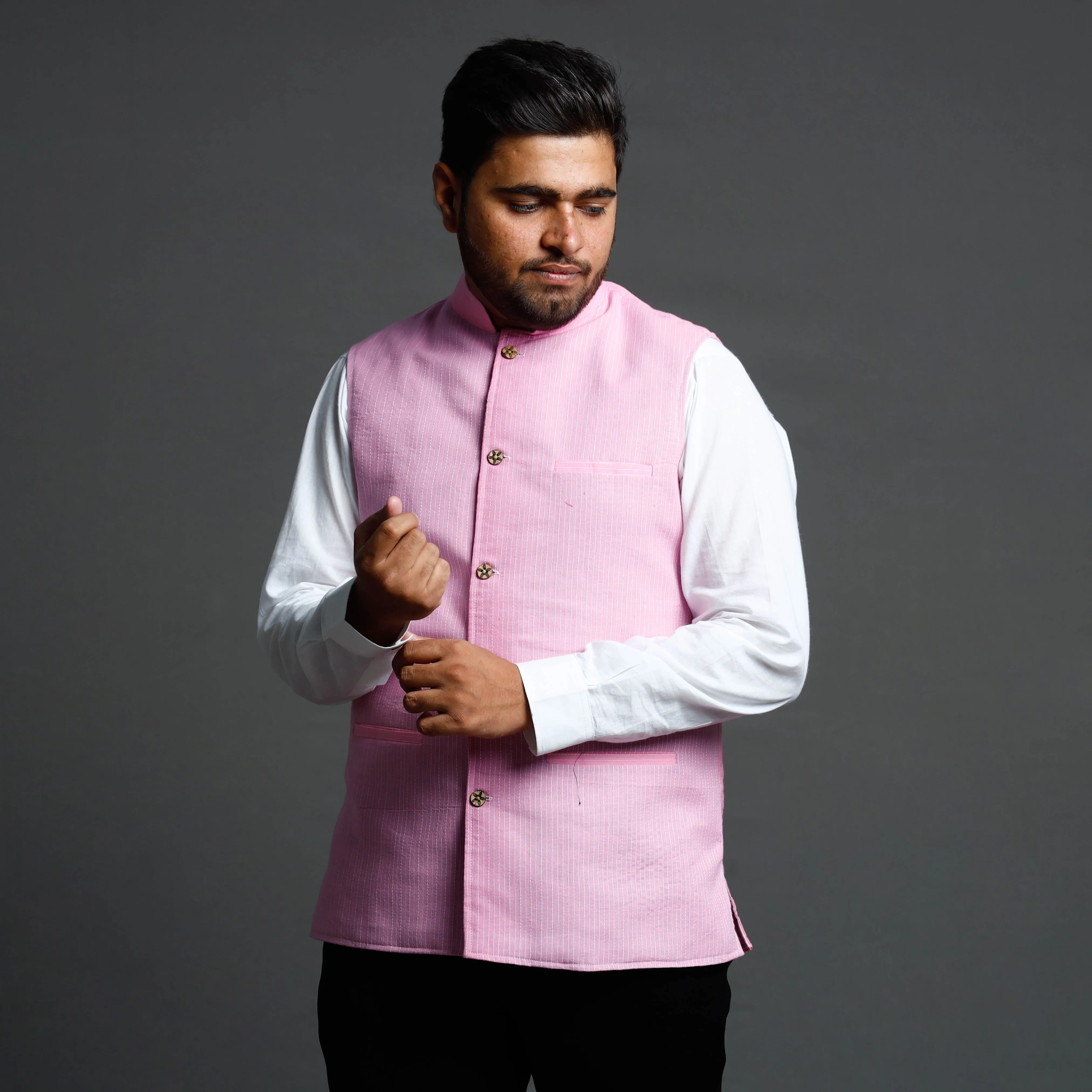 Light Pink - Running Stitch Pure Cotton Men Nehru Jacket 15