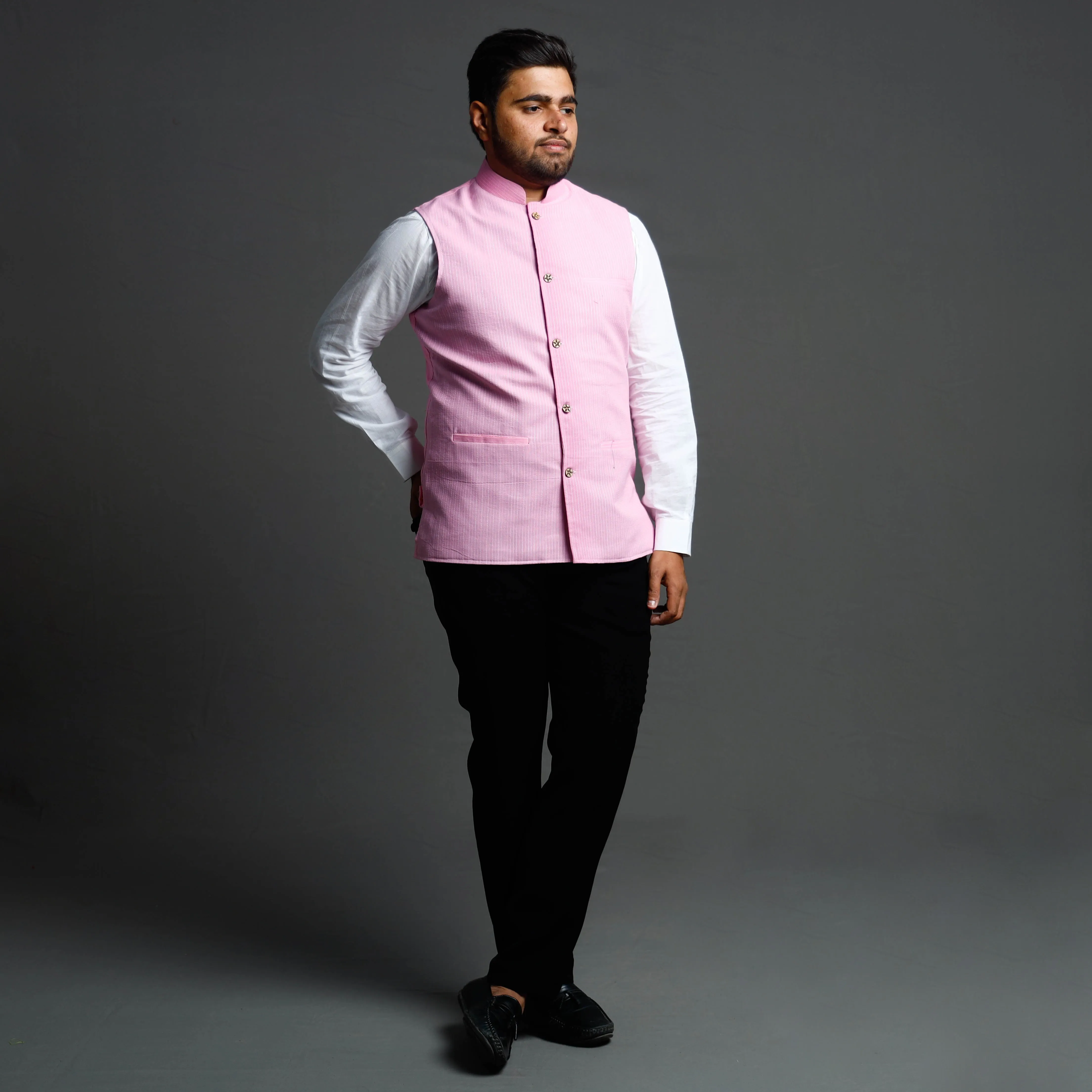 Light Pink - Running Stitch Pure Cotton Men Nehru Jacket 15