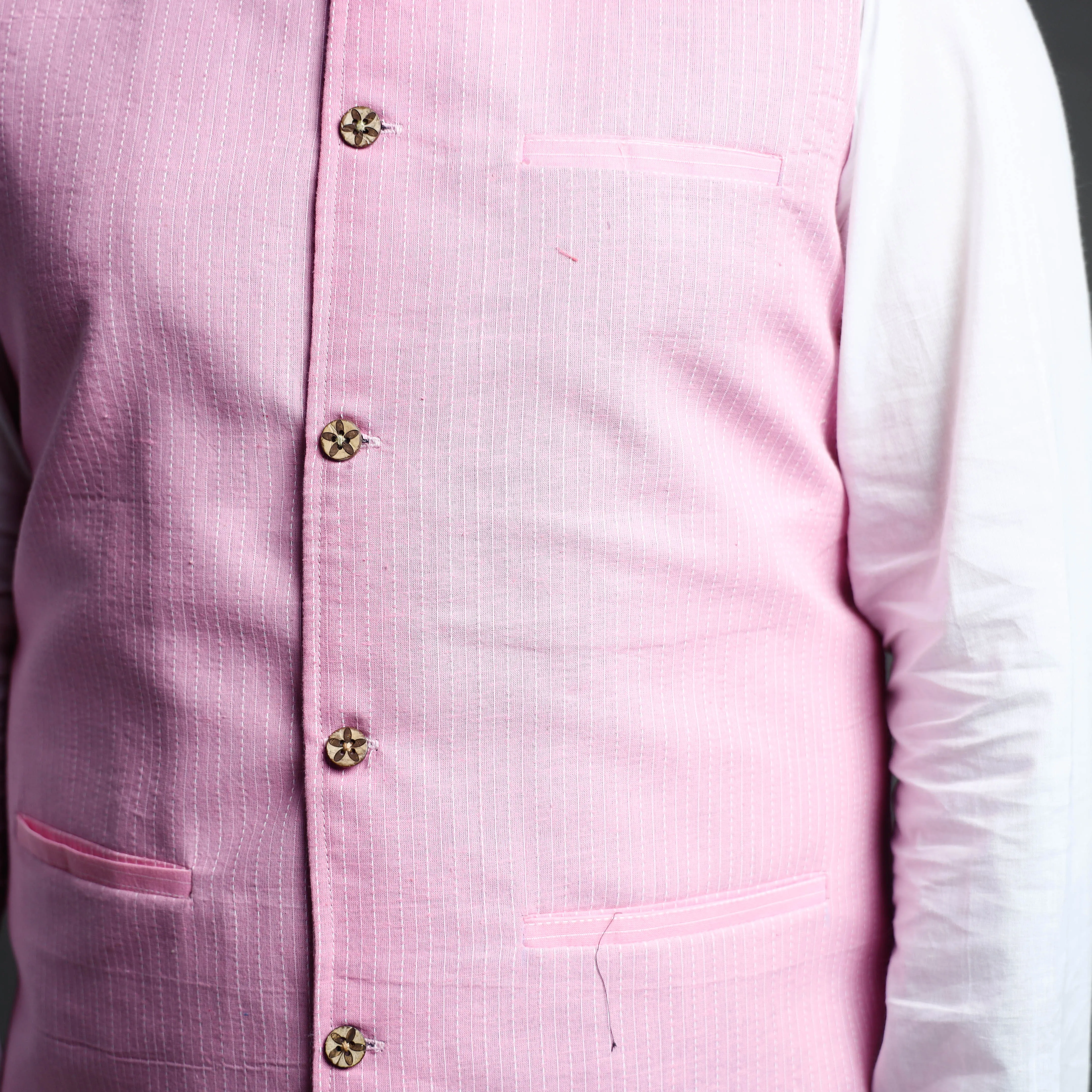Light Pink - Running Stitch Pure Cotton Men Nehru Jacket 15