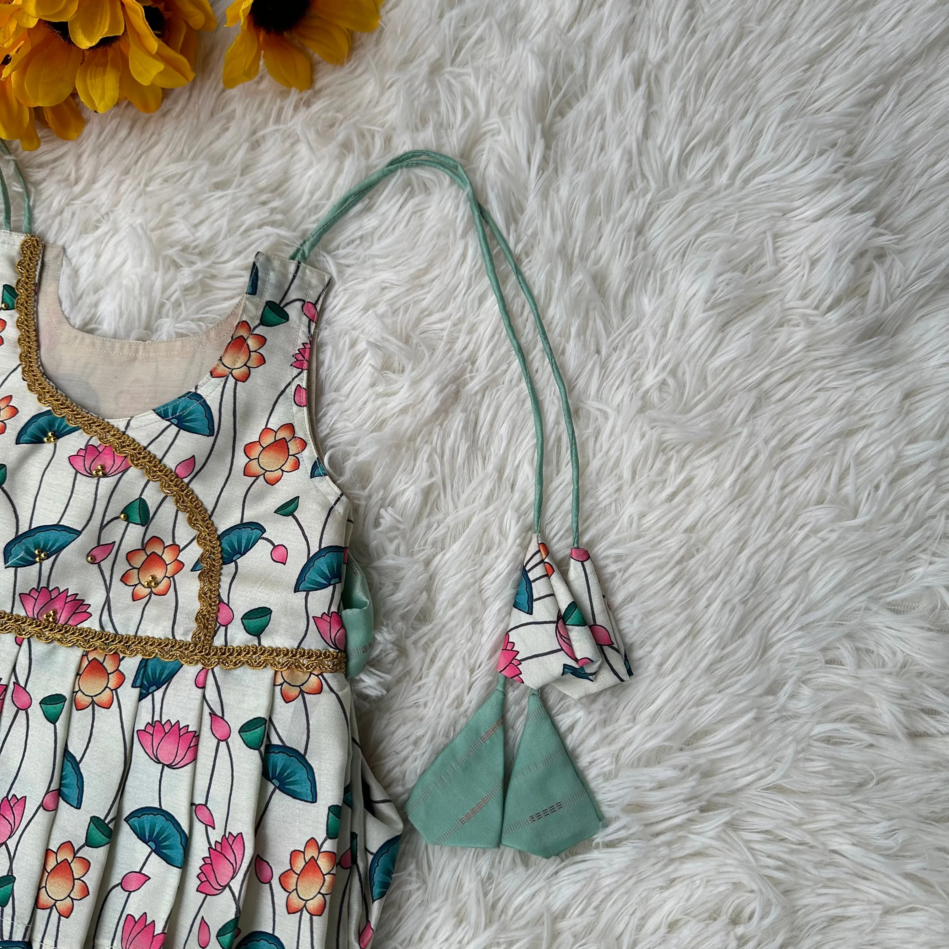 Milk White and Sea Blue Shoulder tie Frock.