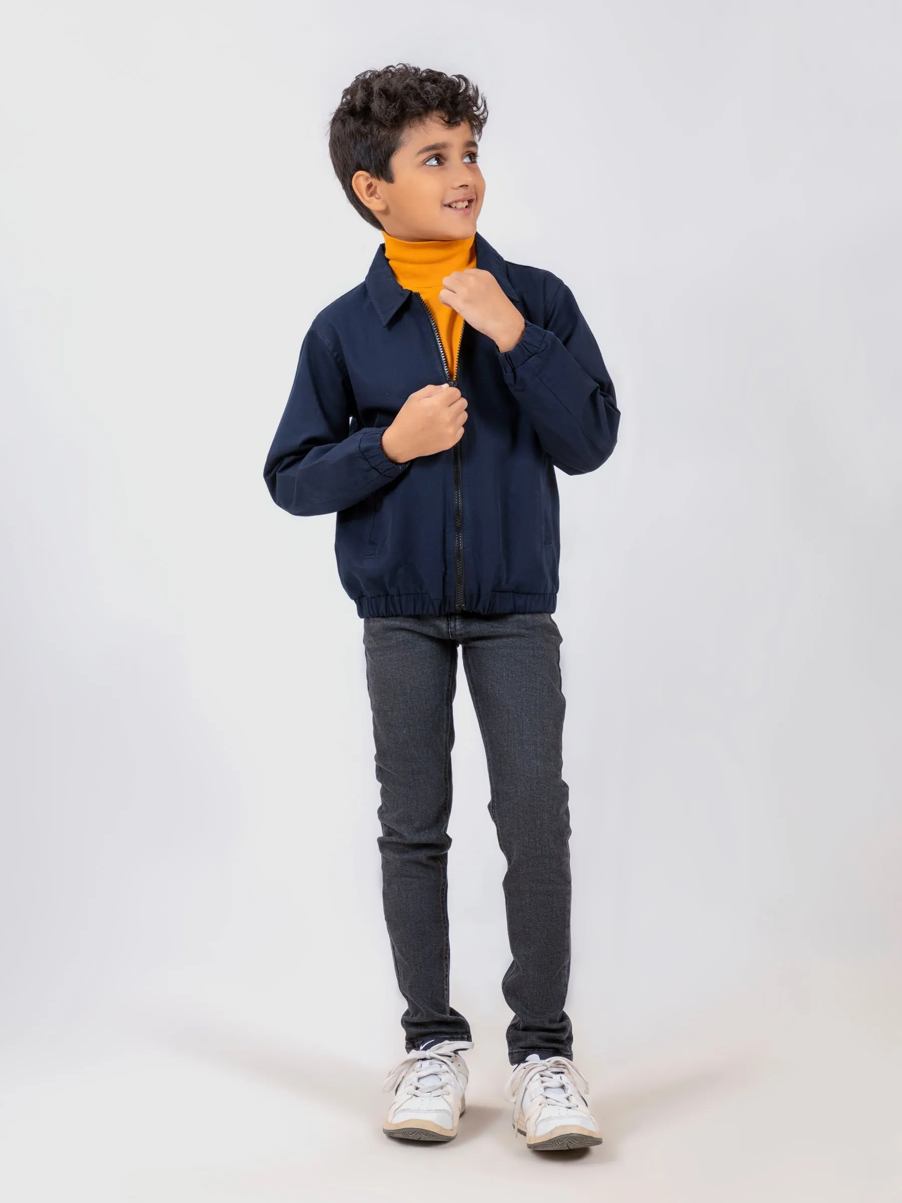Navy Blue Cotton Twill Casual Collar Jacket