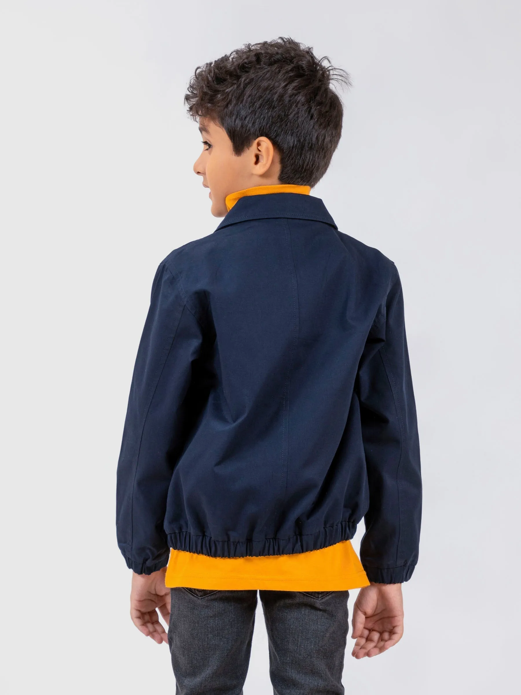 Navy Blue Cotton Twill Casual Collar Jacket