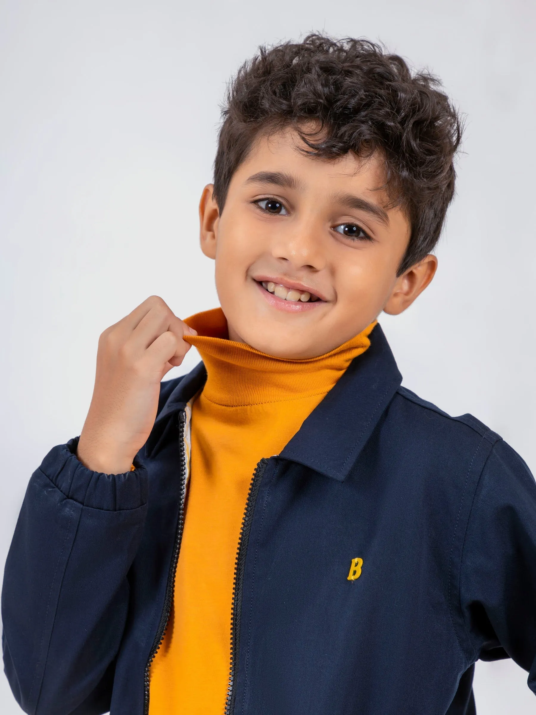 Navy Blue Cotton Twill Casual Collar Jacket