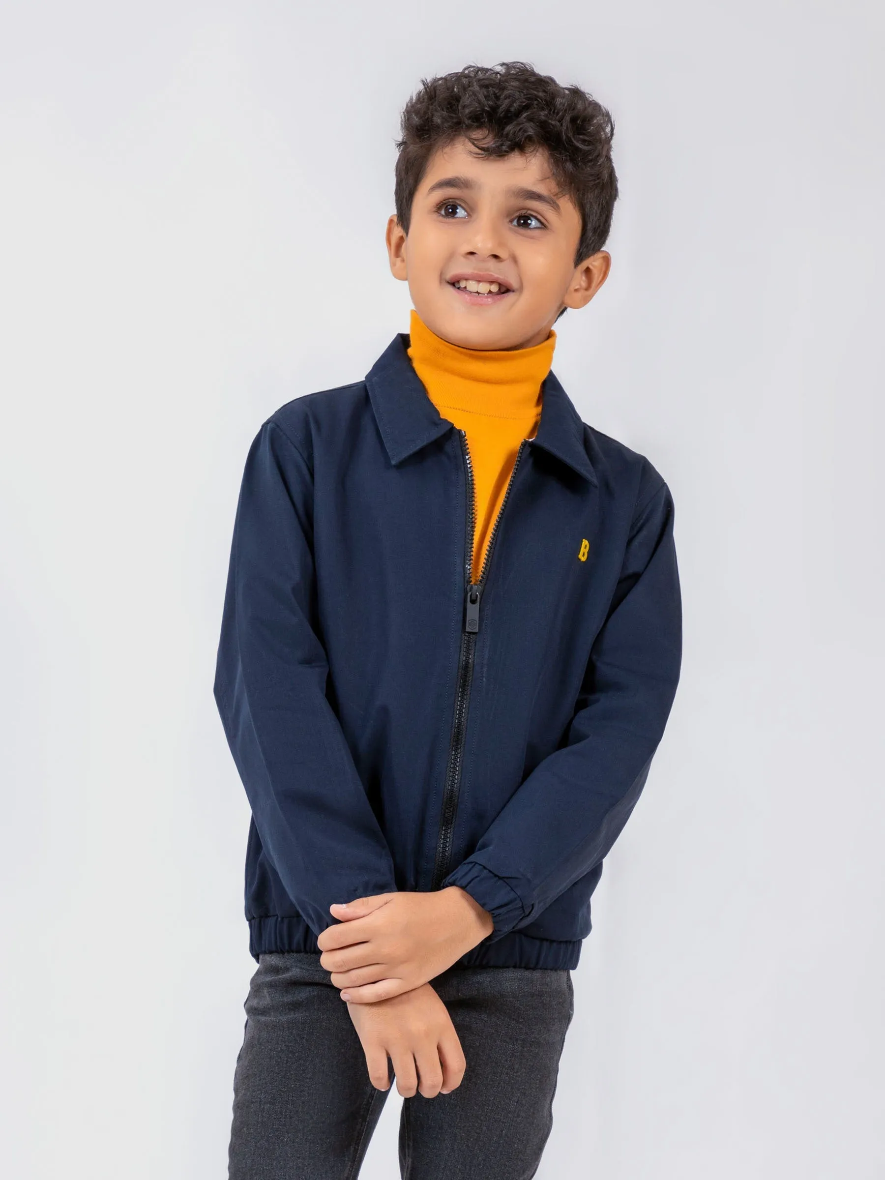 Navy Blue Cotton Twill Casual Collar Jacket