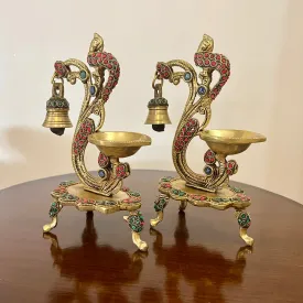 Peacock Diyas With Bell (Set of 2) Brass Stonework lamp - Indian housewarming Gift, Pooja Decor