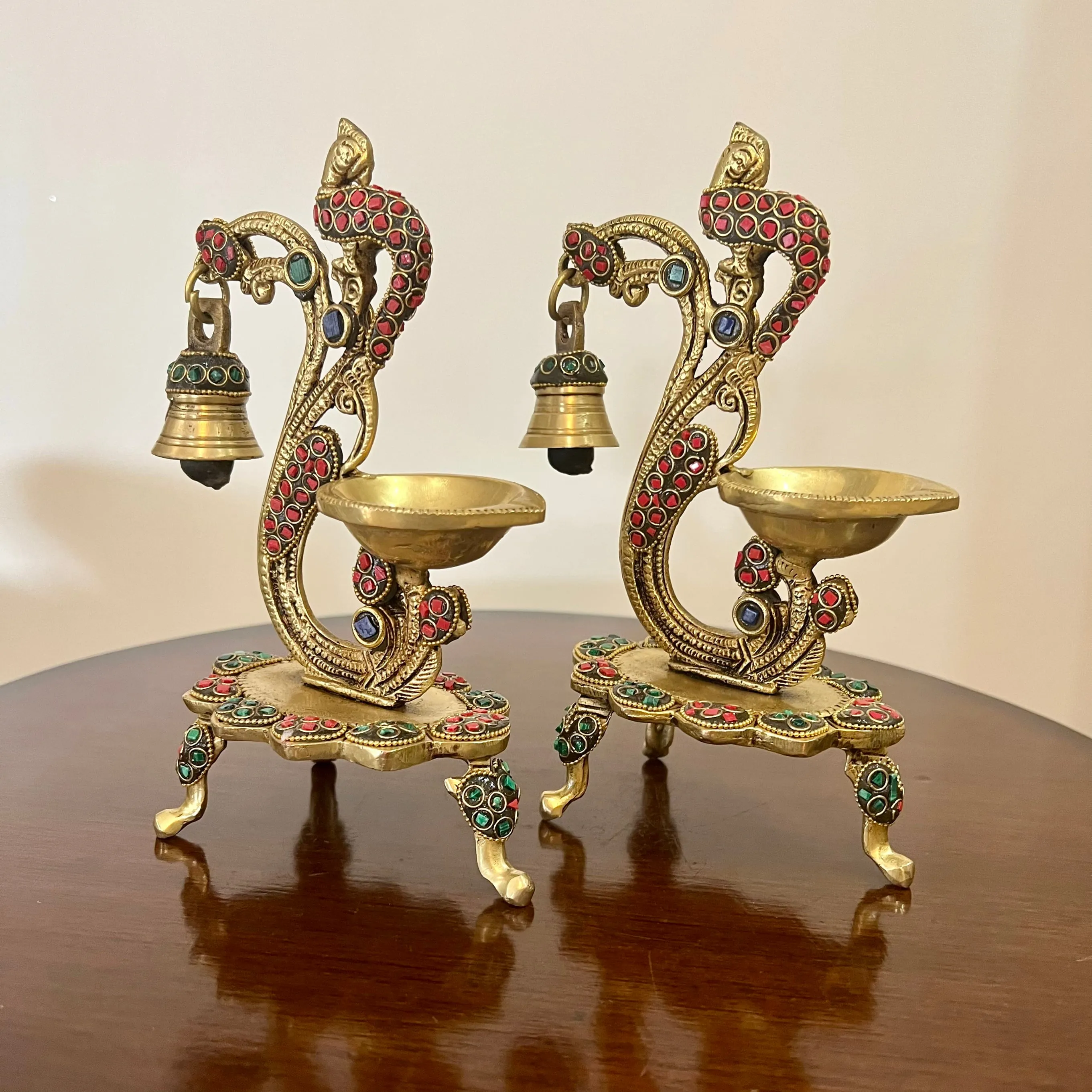 Peacock Diyas With Bell (Set of 2) Brass Stonework lamp - Indian housewarming Gift, Pooja Decor