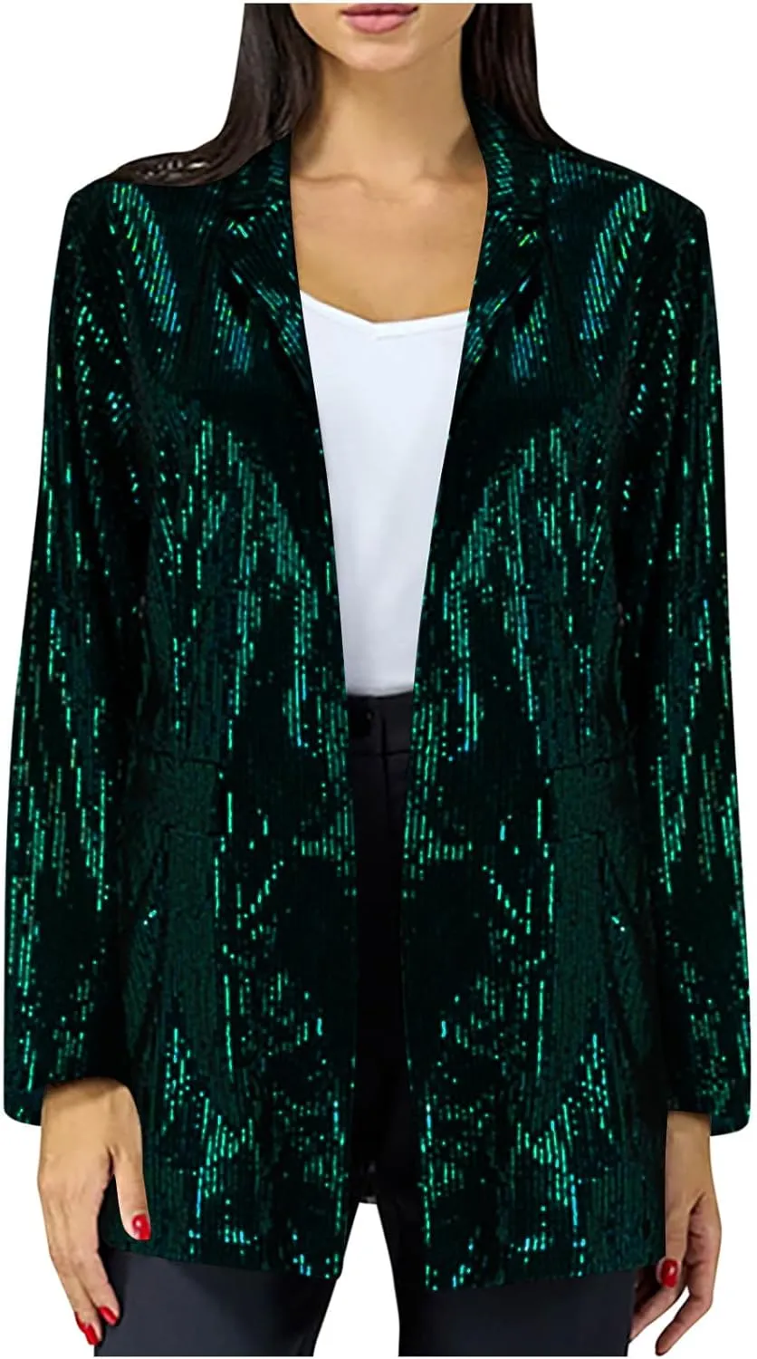Sequin Blazer for Women Sparkly Jacket Cardigan Open Front Blazer Plus Size Outerwear Formal Jacket for Evening Gown