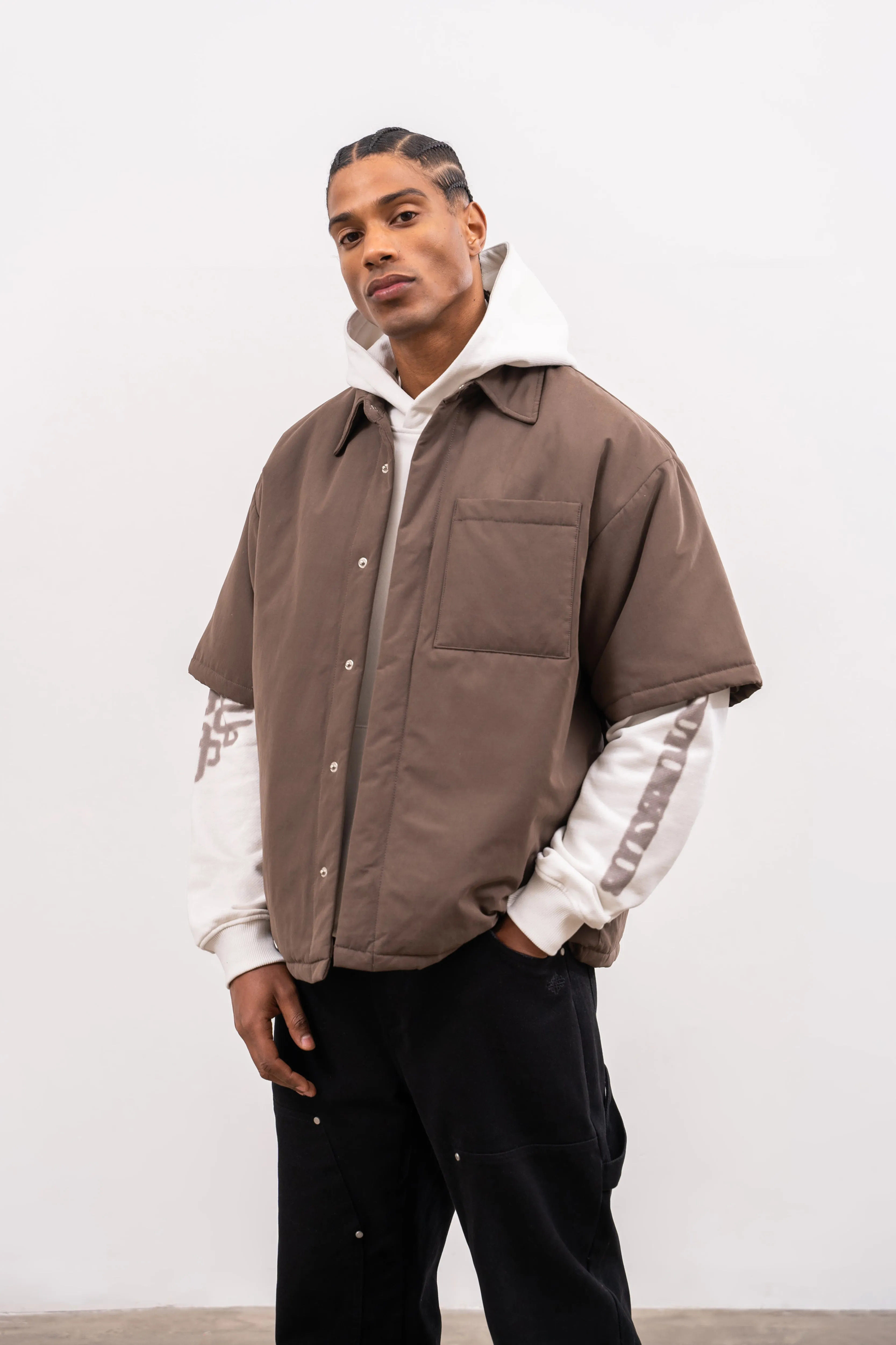 SHORT SLEEVE PADDED SHIRT - BROWN