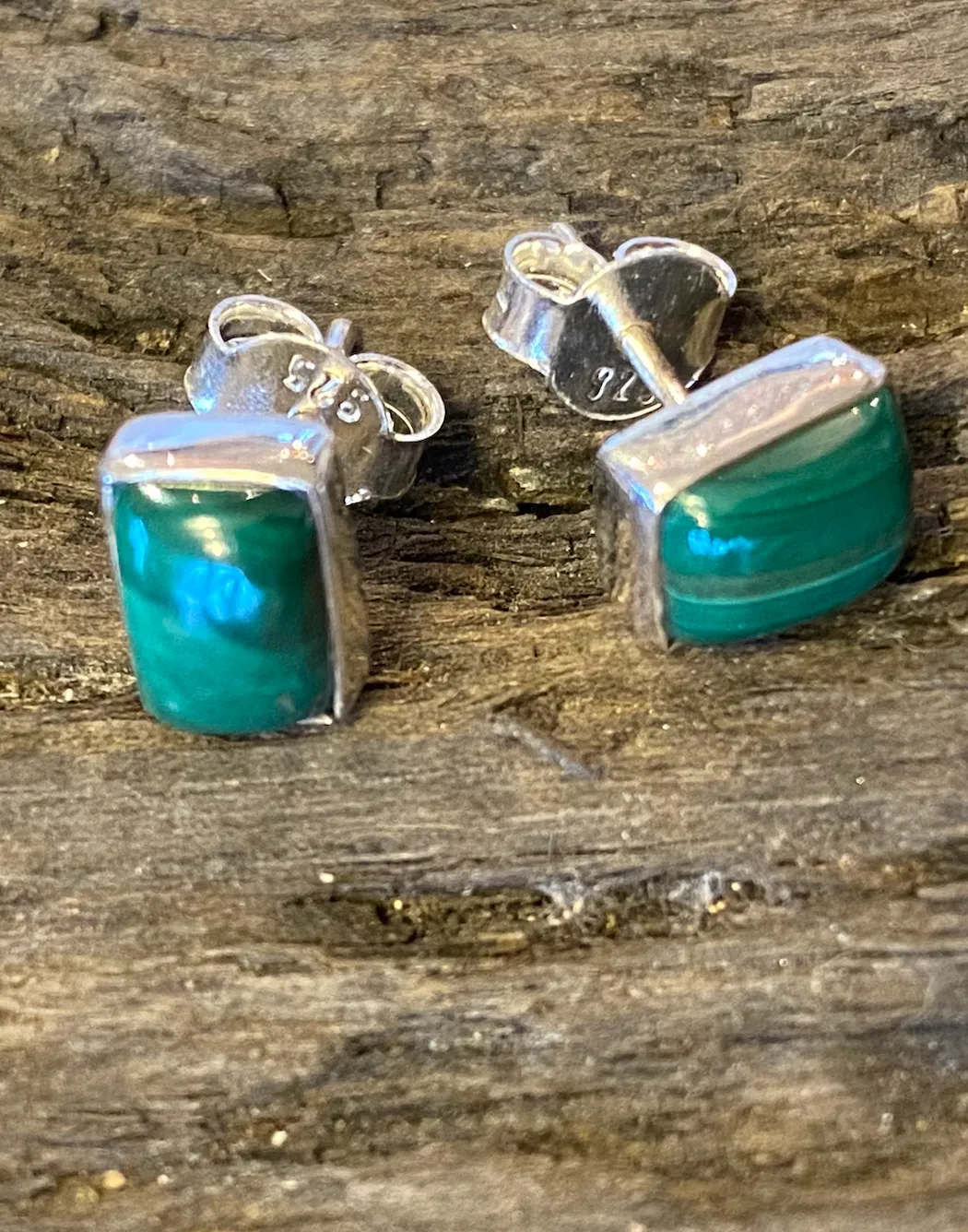 Solid Silver Malachite Oblong Stud Earrings