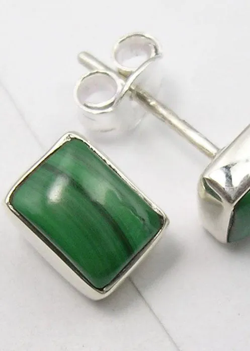 Solid Silver Malachite Oblong Stud Earrings
