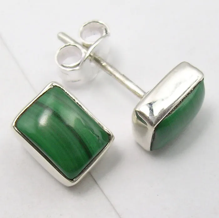 Solid Silver Malachite Oblong Stud Earrings