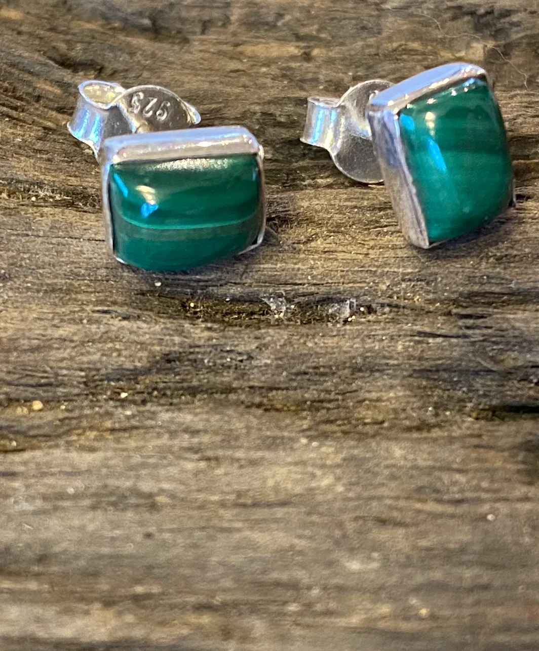 Solid Silver Malachite Oblong Stud Earrings