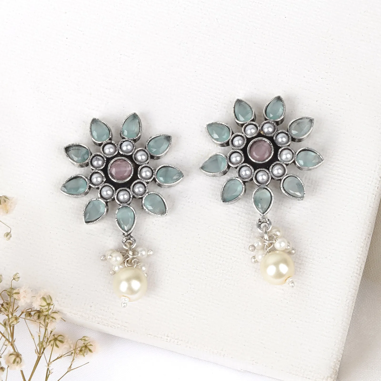 Teejh Eesha Light Blue and Light Pink Silver Oxidised Earring