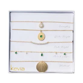 Textured Gold Charm & Green Stone Necklace Set