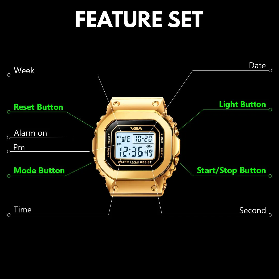 V2A Bold Golden Women Ladies Watch Zinc Alloy Case Digital Sports Watch Waterproof Fashion Wrist Watch for Women…