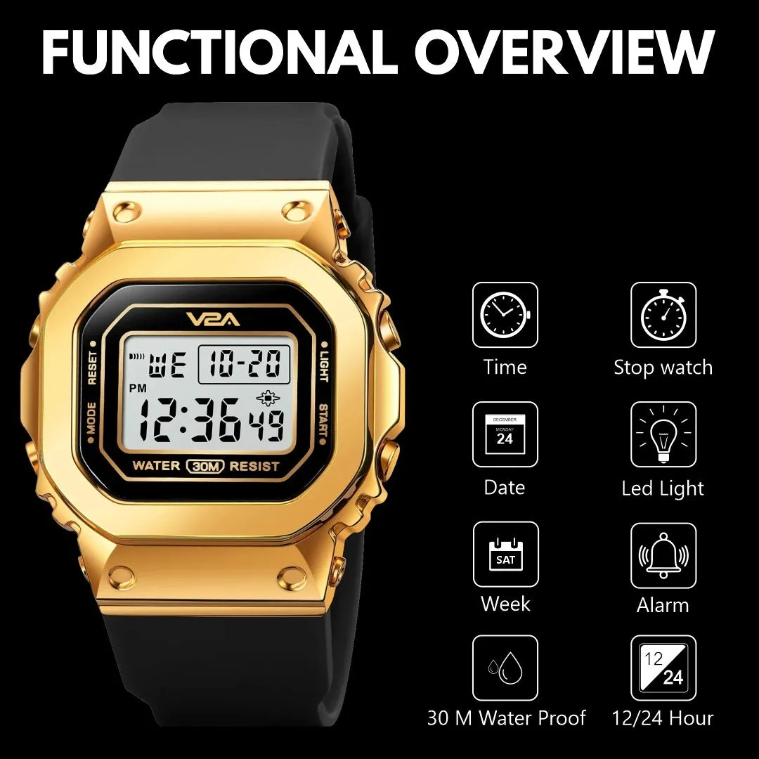 V2A Bold Golden Women Ladies Watch Zinc Alloy Case Digital Sports Watch Waterproof Fashion Wrist Watch for Women…
