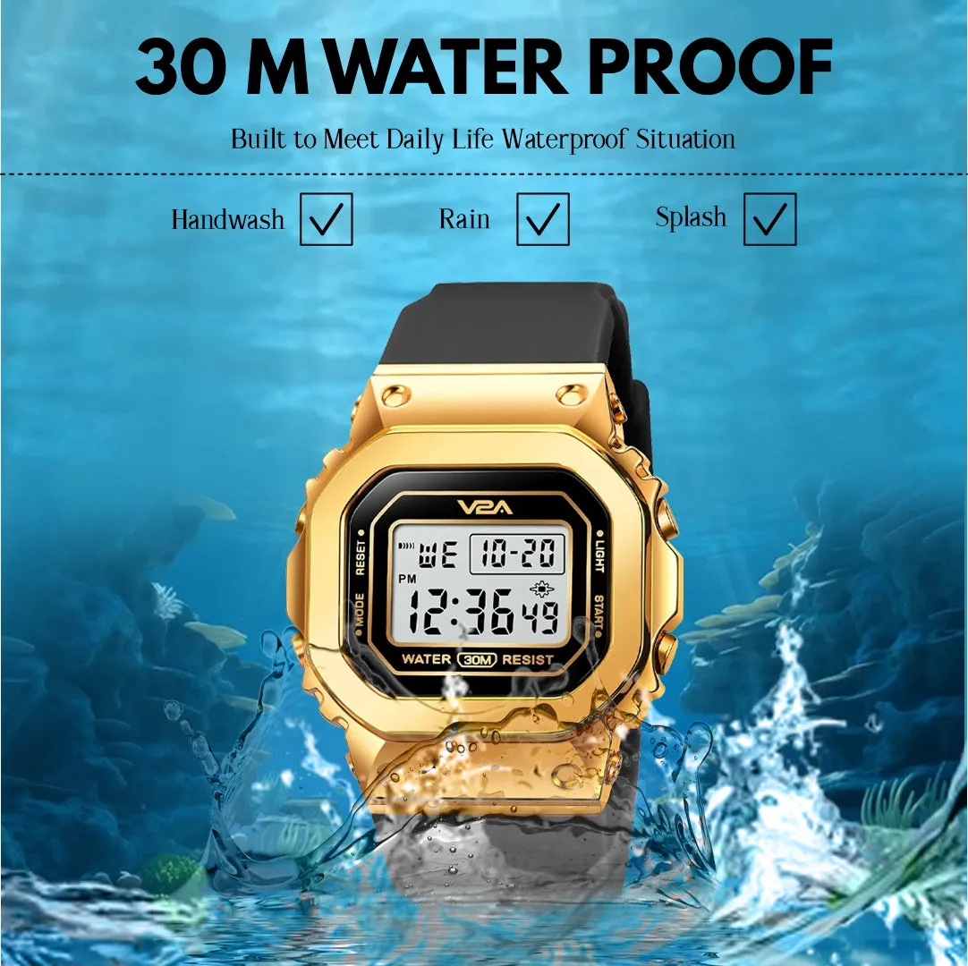 V2A Bold Golden Women Ladies Watch Zinc Alloy Case Digital Sports Watch Waterproof Fashion Wrist Watch for Women…