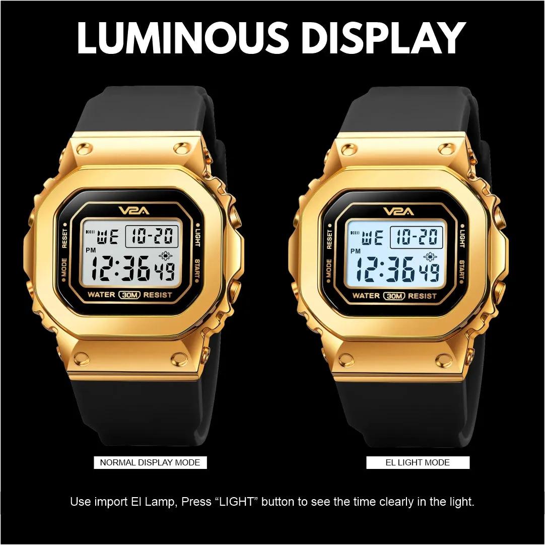 V2A Bold Golden Women Ladies Watch Zinc Alloy Case Digital Sports Watch Waterproof Fashion Wrist Watch for Women…