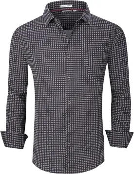 WARHORSEE Mens Casual Button Down Dress Shirts Long Sleeve 4-Way Stretch Collared Printed Business Work Shirt